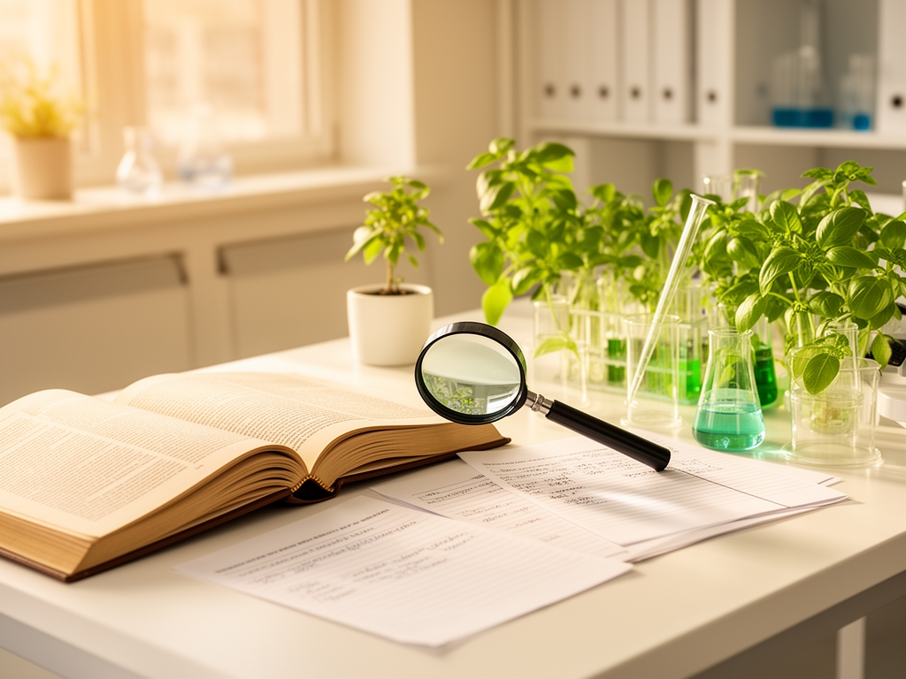 Nowoczesne, jasne biuro badawcze z otwartymi książkami naukowymi, lupą, próbkami roślinnymi i notatkami na stole, ciepłe naturalne oświetlenie, atmosfera skupionej pracy intelektualnej