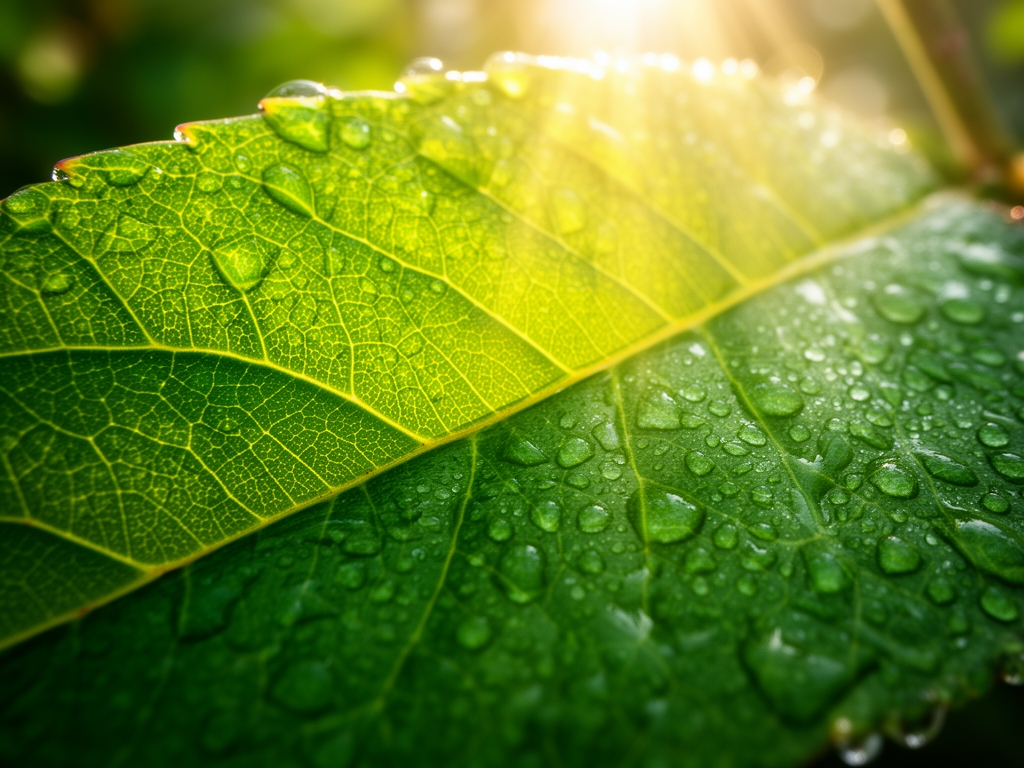 Makrofotografia zielonego liścia z kroplami rosy, podświetlonego promieniami porannego słońca, ukazująca szczegółową strukturę powierzchni liścia i sieć żyłek