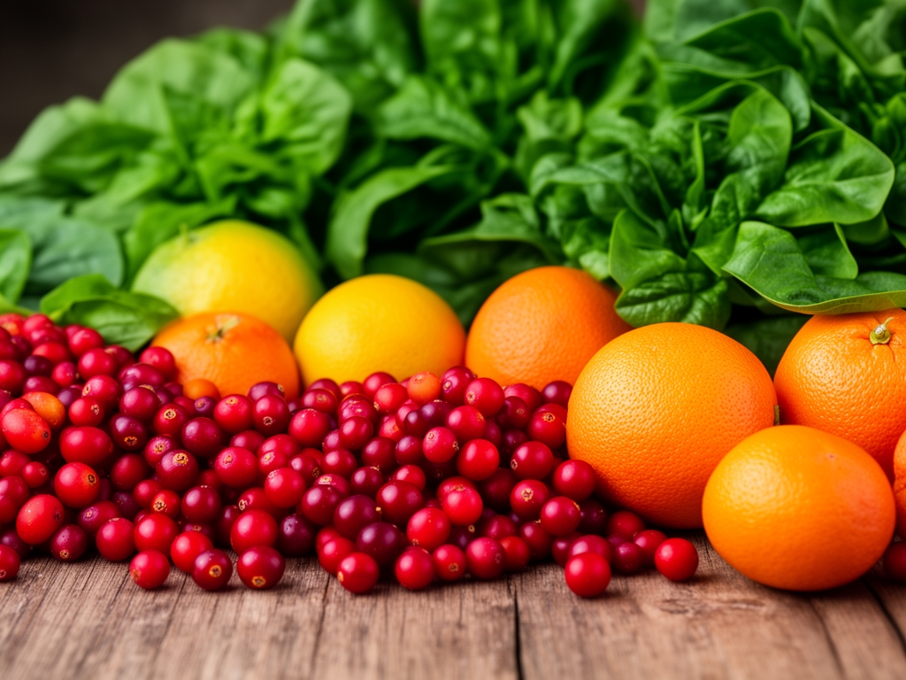 Zbliżenie na kolorowe owoce i warzywa na drewnianej powierzchni: czerwone jagody, cytrusy, zieleń liściastych warzyw, bogata paleta naturalnych barwników roślinnych