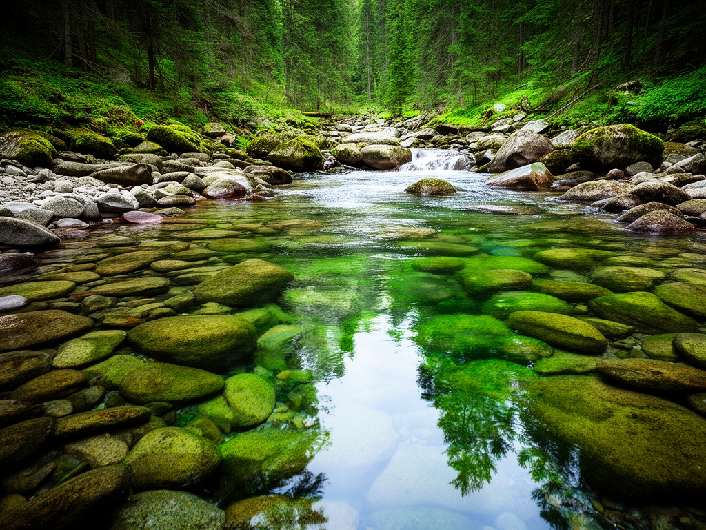 Czysta górska woda płynąca po omszałych kamieniach w naturalnym lesie, transparentna woda z widocznymi odbiciami zieleni, symbol czystości i hydratacji