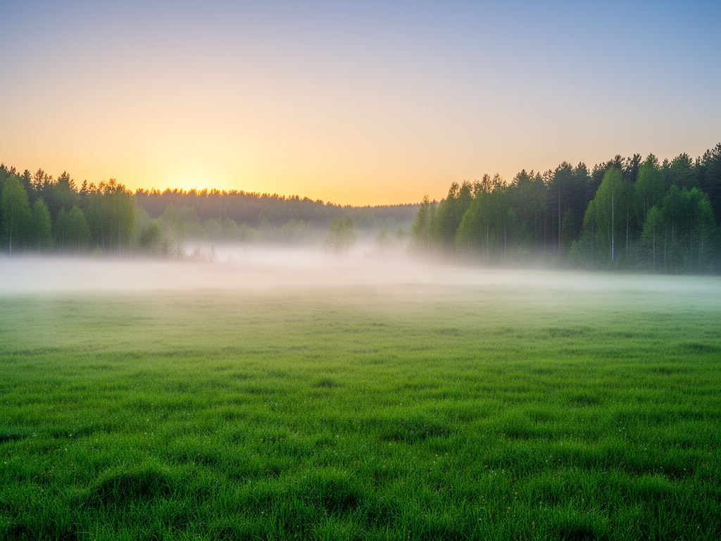 Rozległy naturalny krajobraz z delikatną mgłą unoszącą się nad zielonymi łąkami i lasem o wschodzie słońca, spokojne i pełne równowagi otoczenie przyrodnicze