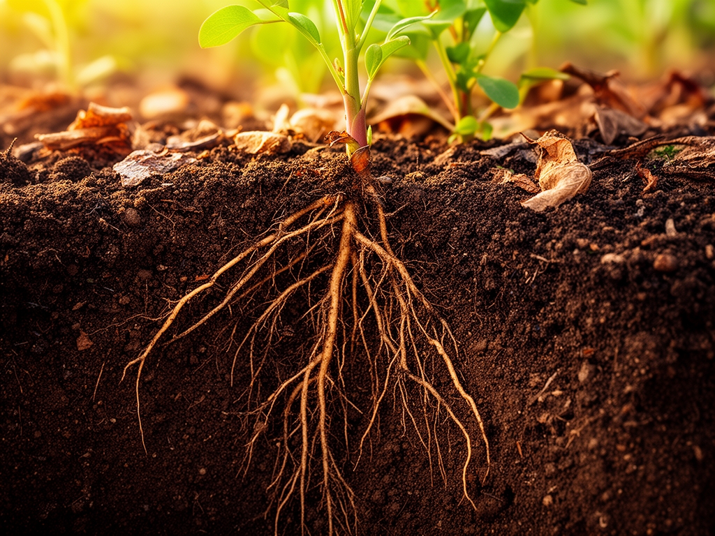 Makrofotografia świeżo wykopanej gleby z widocznymi korzeniami roślin i fragmentami organicznej materii, ukazująca biologiczne bogactwo ziemi w ciepłym naturalnym oświetleniu